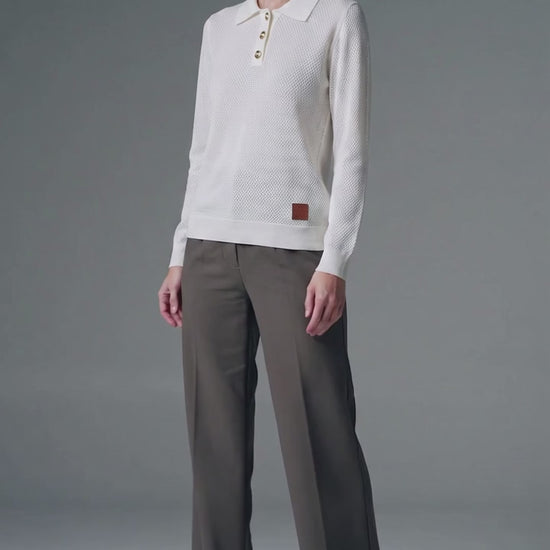Openwork Knit Polo Shirt with Gold-Tone Buttons - Above the Crowd Boutique