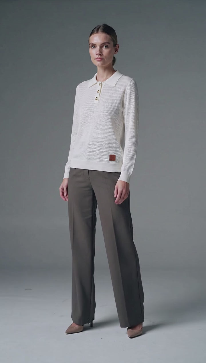 Openwork Knit Polo Shirt with Gold-Tone Buttons - Above the Crowd Boutique