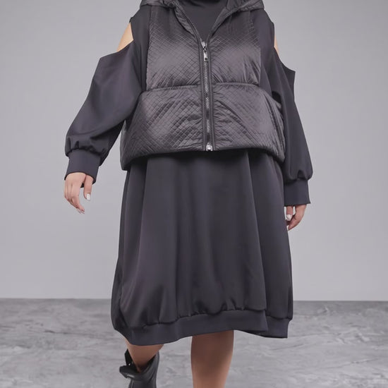 Plus Size Black Cold-Shoulder Dress with Quilted Hooded Vest Detail -  Above the Crowd Boutique