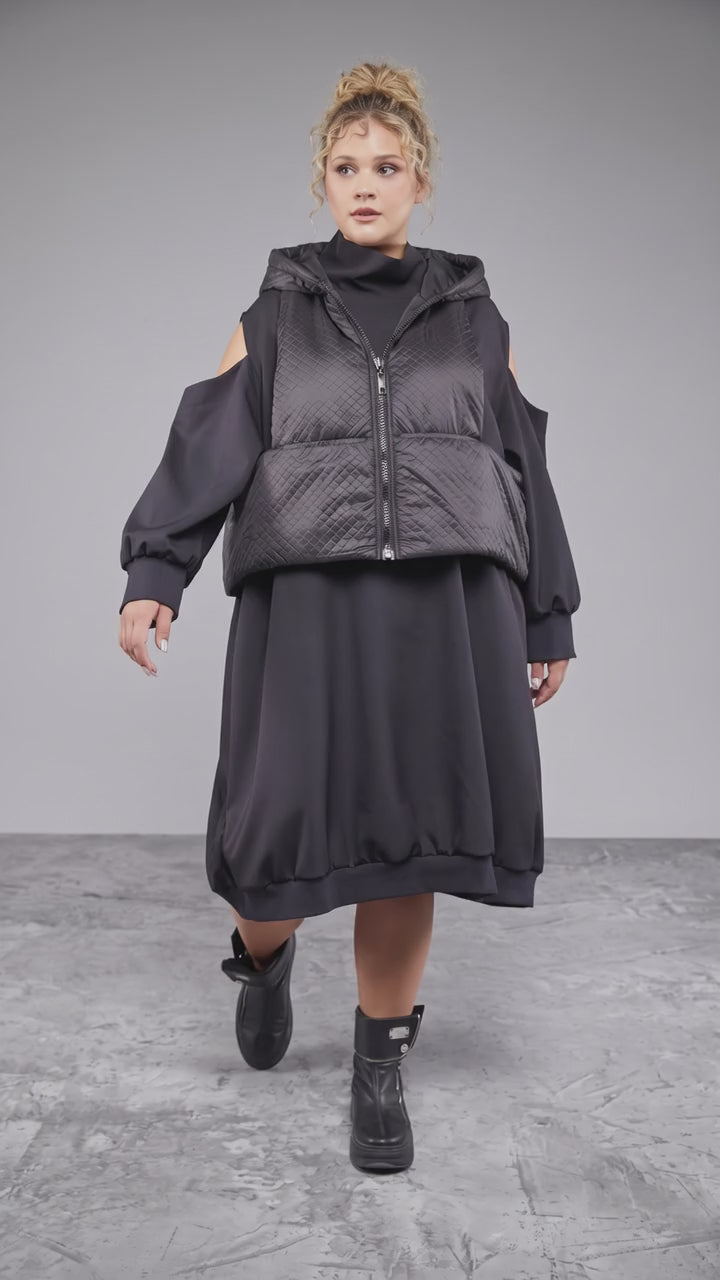 Plus Size Black Cold-Shoulder Dress with Quilted Hooded Vest Detail -  Above the Crowd Boutique