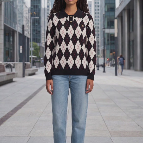 Black And Ivory Argyle Polo Collar Knit Sweater - Above the Crowd Boutique