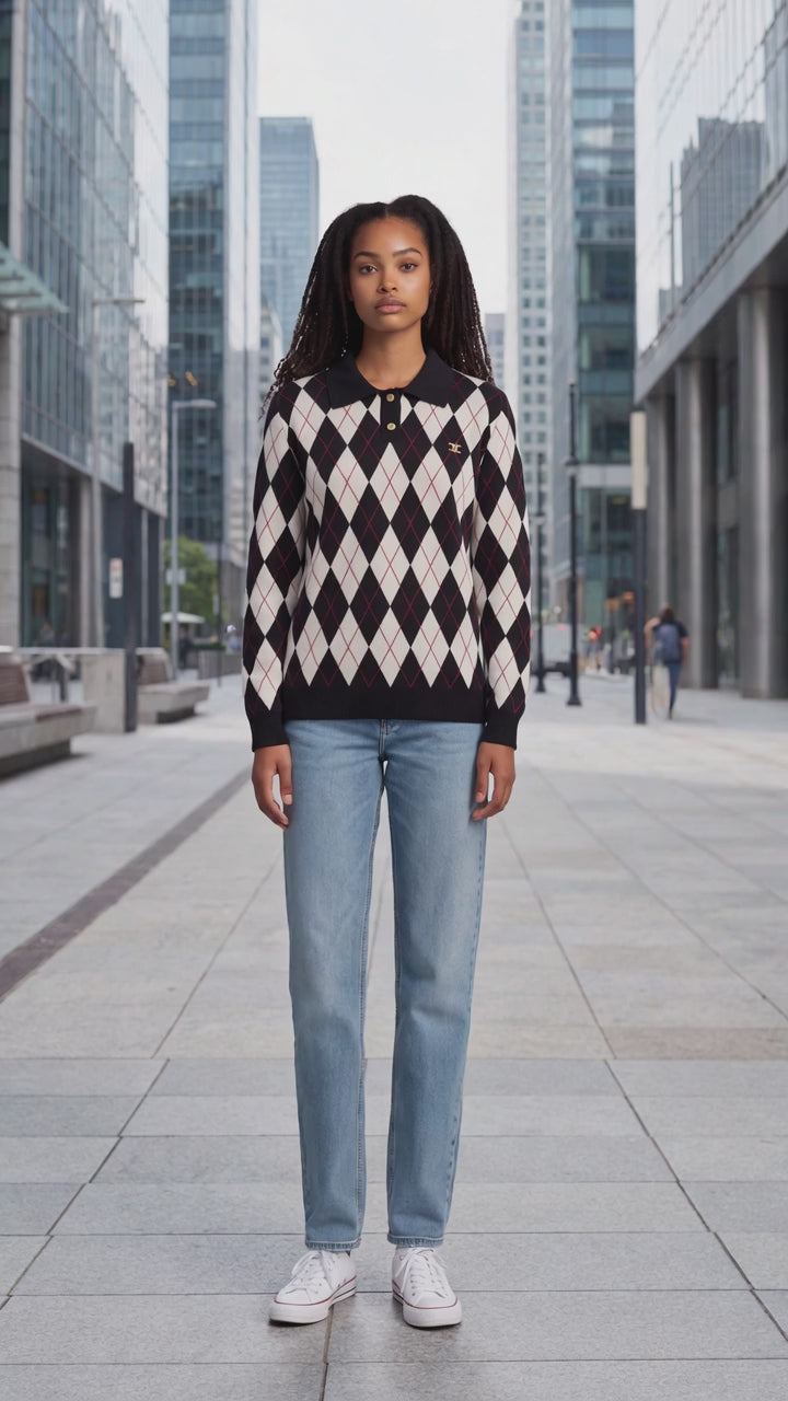 Black And Ivory Argyle Polo Collar Knit Sweater - Above the Crowd Boutique