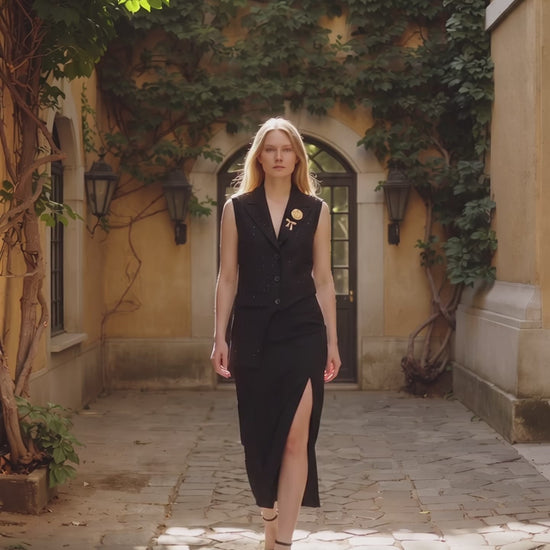 Black Crystal Pinstripe Asymmetric Vest and Midi Skirt Suit - Above the Crowd Boutique