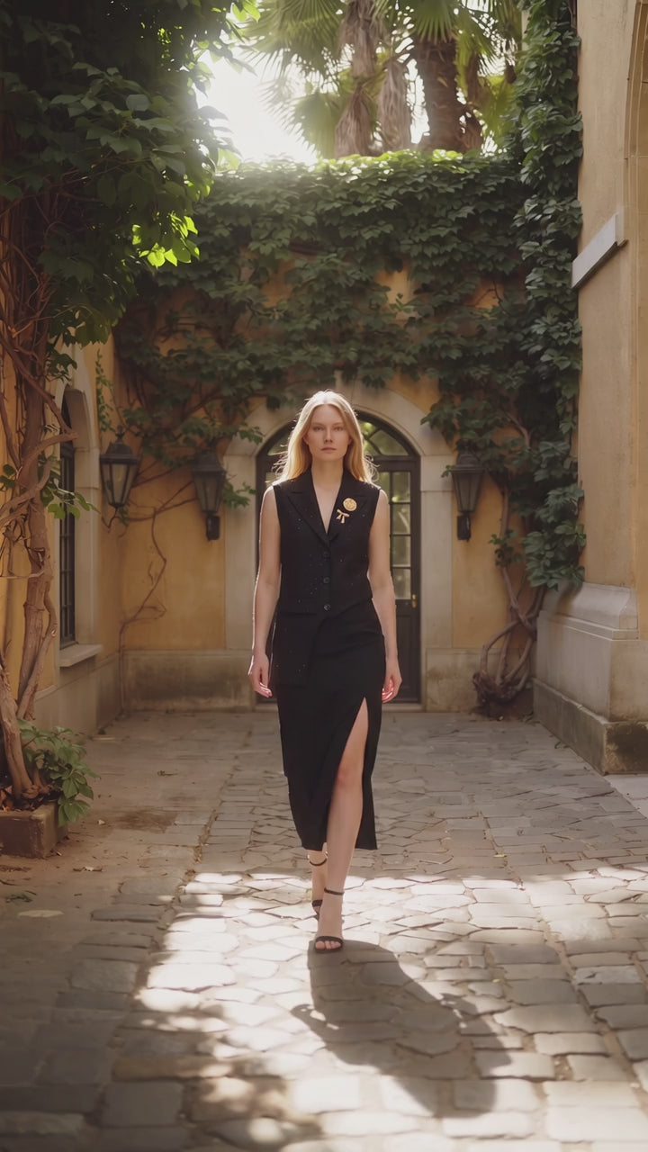 Black Crystal Pinstripe Asymmetric Vest and Midi Skirt Suit - Above the Crowd Boutique