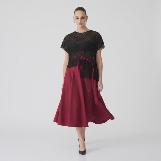 Black Open-Mesh Asymmetrical Top with Burgundy Ribbon Detail - Above the Crowd Boutique