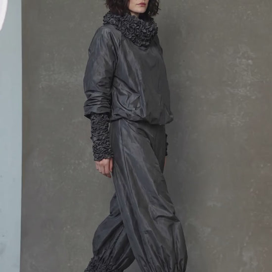 Black Sculptural Wide-Leg Balloon Pants with Textured Cuffs - Above the Crowd Boutique