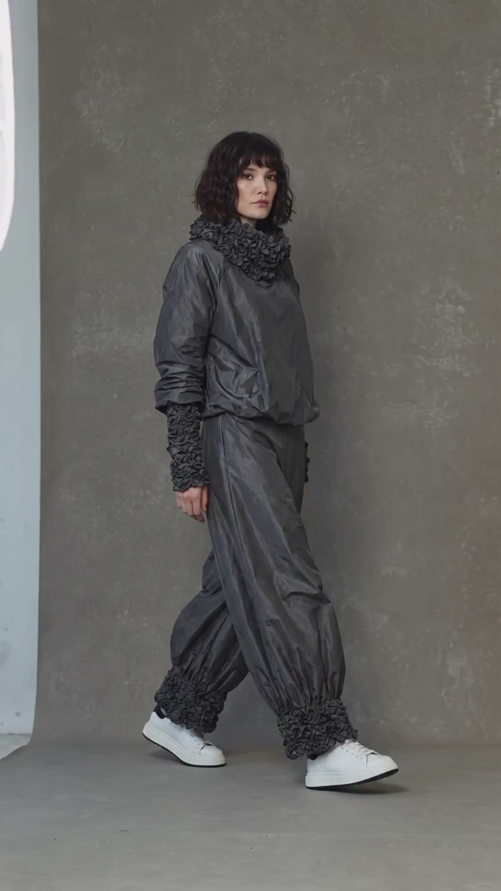 Black Sculptural Wide-Leg Balloon Pants with Textured Cuffs - Above the Crowd Boutique
