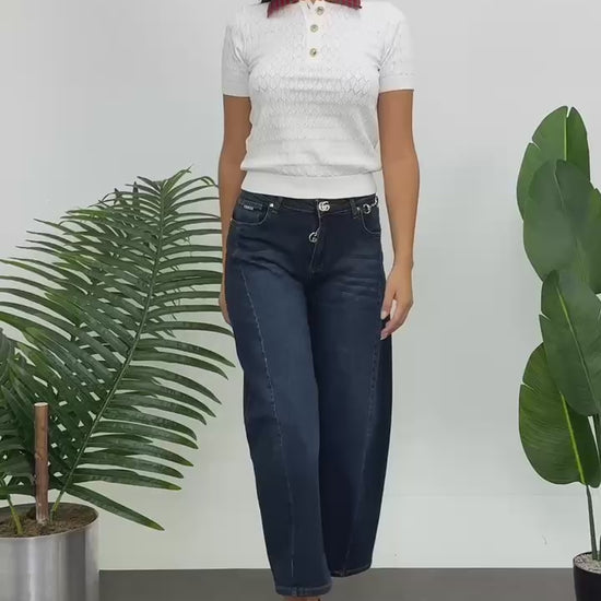 Dark Wash High-Rise Cropped Barrel-Leg Jeans with Gold-Tone Hardware - Above the Crowd Boutique