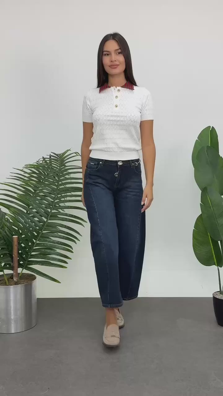 Dark Wash High-Rise Cropped Barrel-Leg Jeans with Gold-Tone Hardware - Above the Crowd Boutique