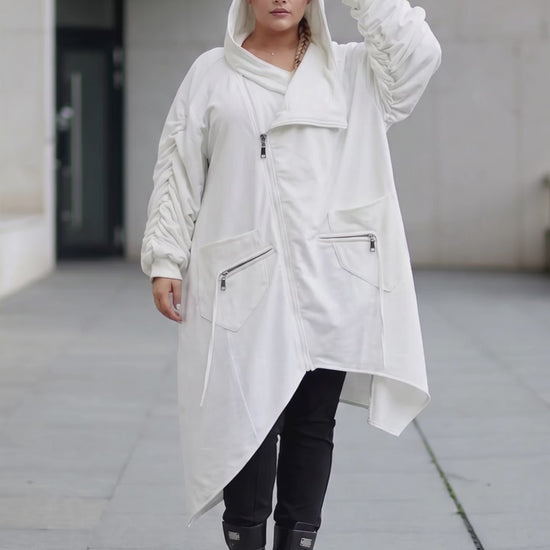 Plus Size White Asymmetrical Hooded Trench Coat - Above the Crowd Boutique