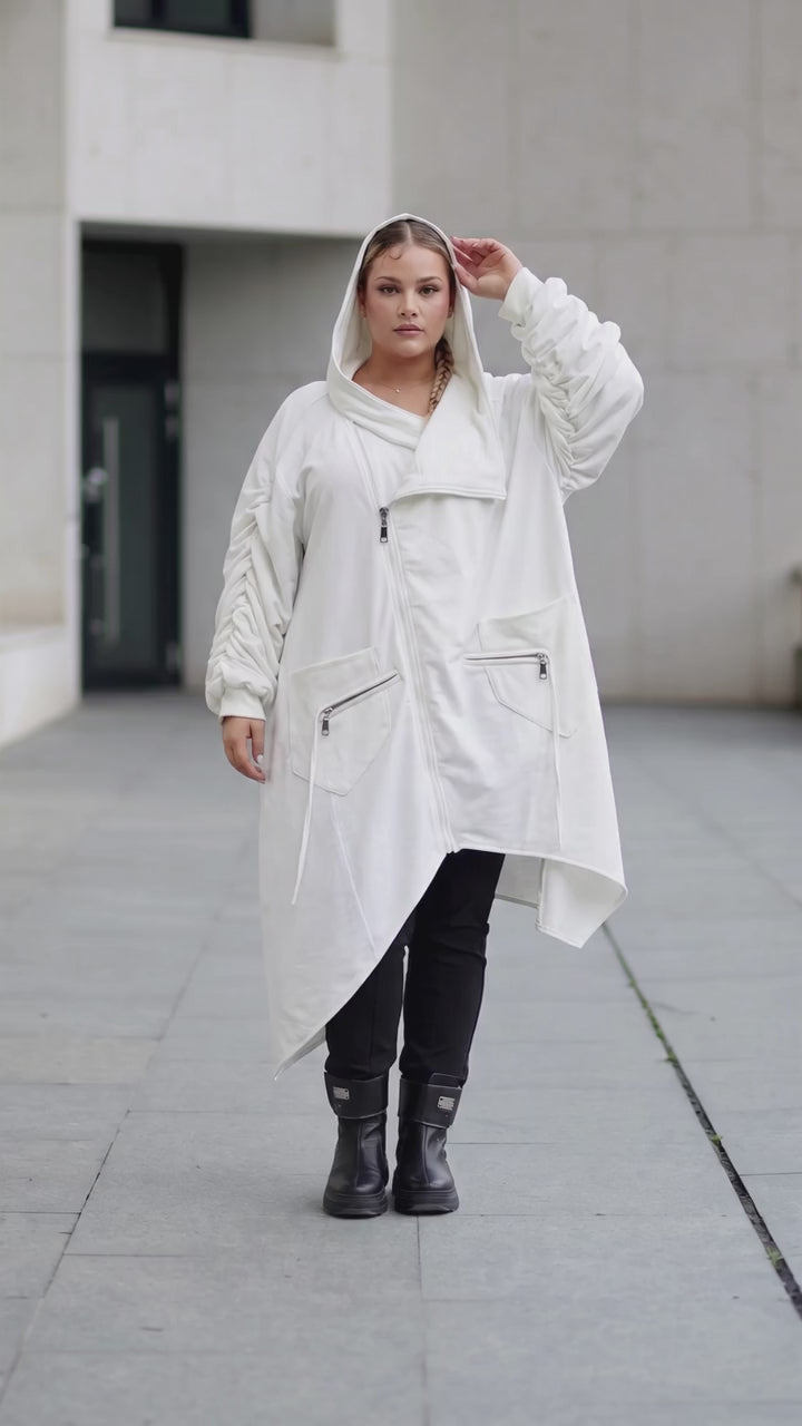 Plus Size White Asymmetrical Hooded Trench Coat - Above the Crowd Boutique