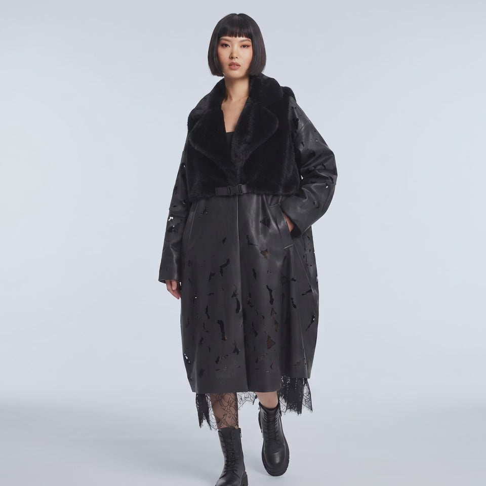 Black Distressed Faux Leather Trench Coat with Faux Fur And Lace Detail - Above the Crowd Boutique
