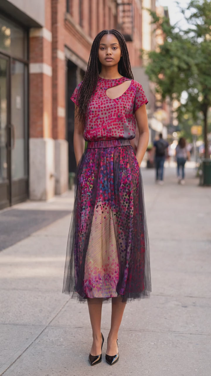 Artistic Dot Print Blouse And Tulle Midi Skirt Two-Piece Suit - Above the Crowd Boutique