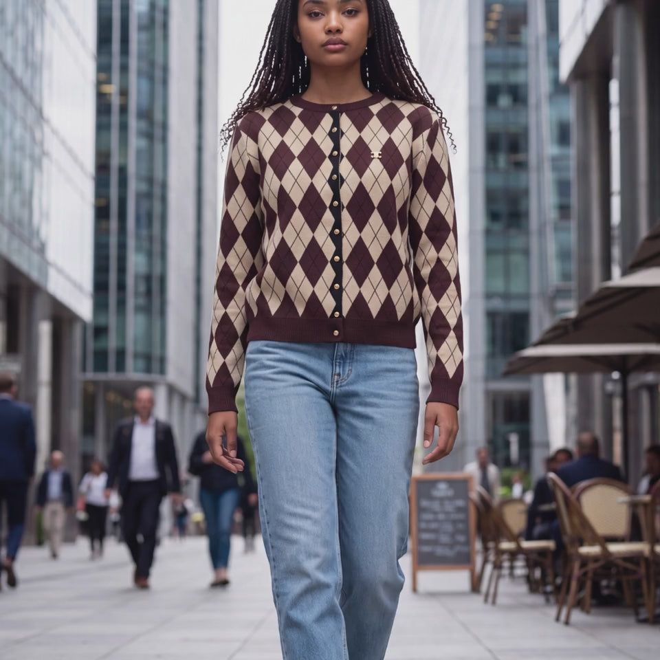 Chocolate Brown And Beige Argyle Button-Front Knit Cardigan - Above the Crowd Boutique
