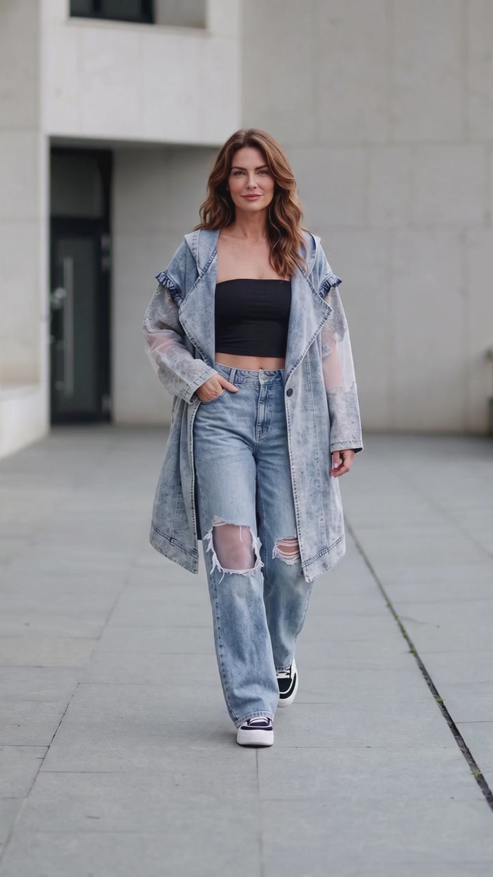 H-4 Acid-Wash Denim Trench Coat with Sheer Floral Lace Sleeves - Above the Crowd Boutique