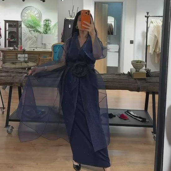 Navy Sheer Organza Draped Cape Cover-Up with Floral Waist Detail - Above the Crowd Boutique