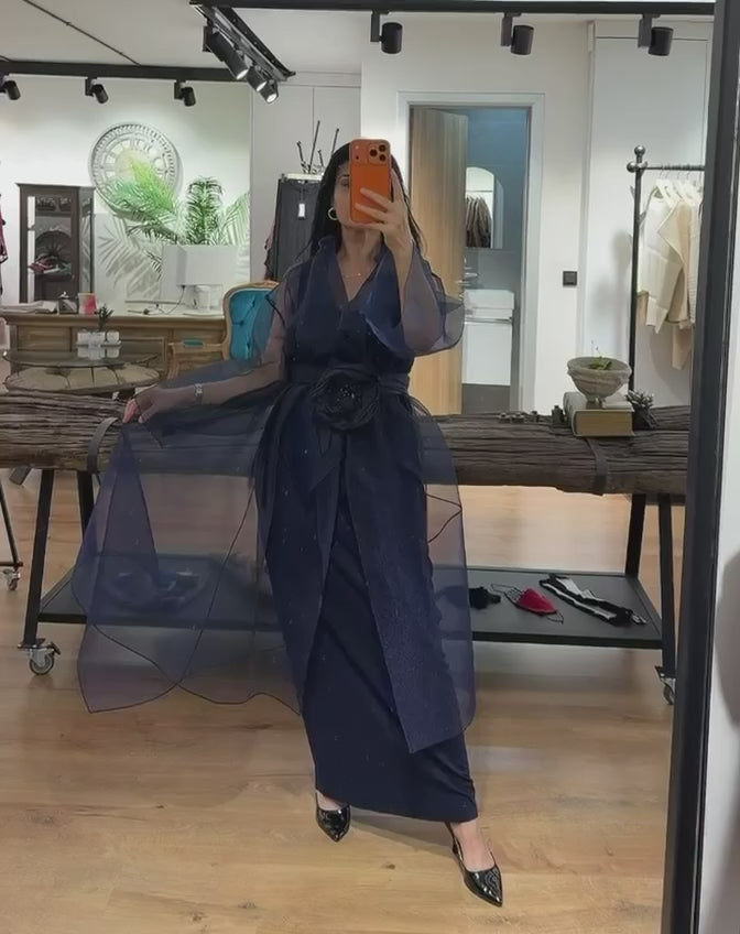 Navy Sheer Organza Draped Cape Cover-Up with Floral Waist Detail - Above the Crowd Boutique