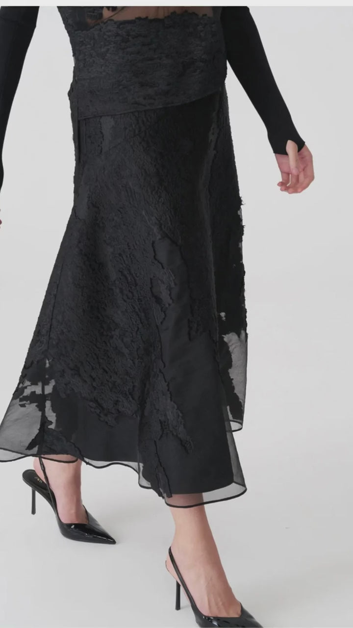 Black Textured Lace & Sheer Organza Midi Skirt -Above the Crowd Boutique