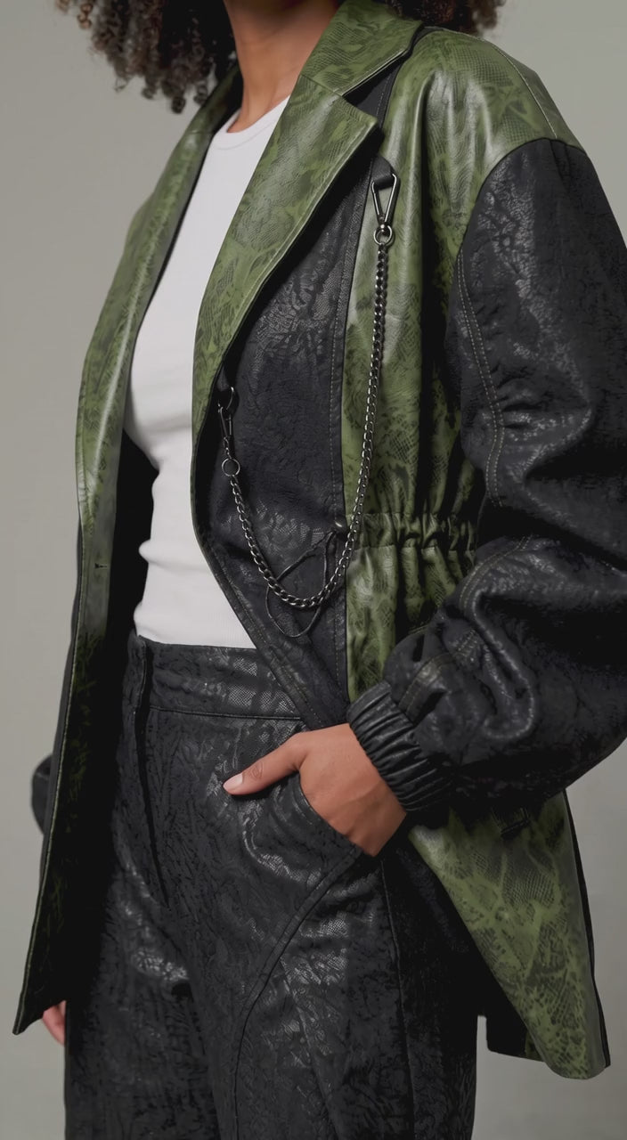 Two-Tone Black & Olive Drawstring Statement Jacket - Above the Crowd Boutique