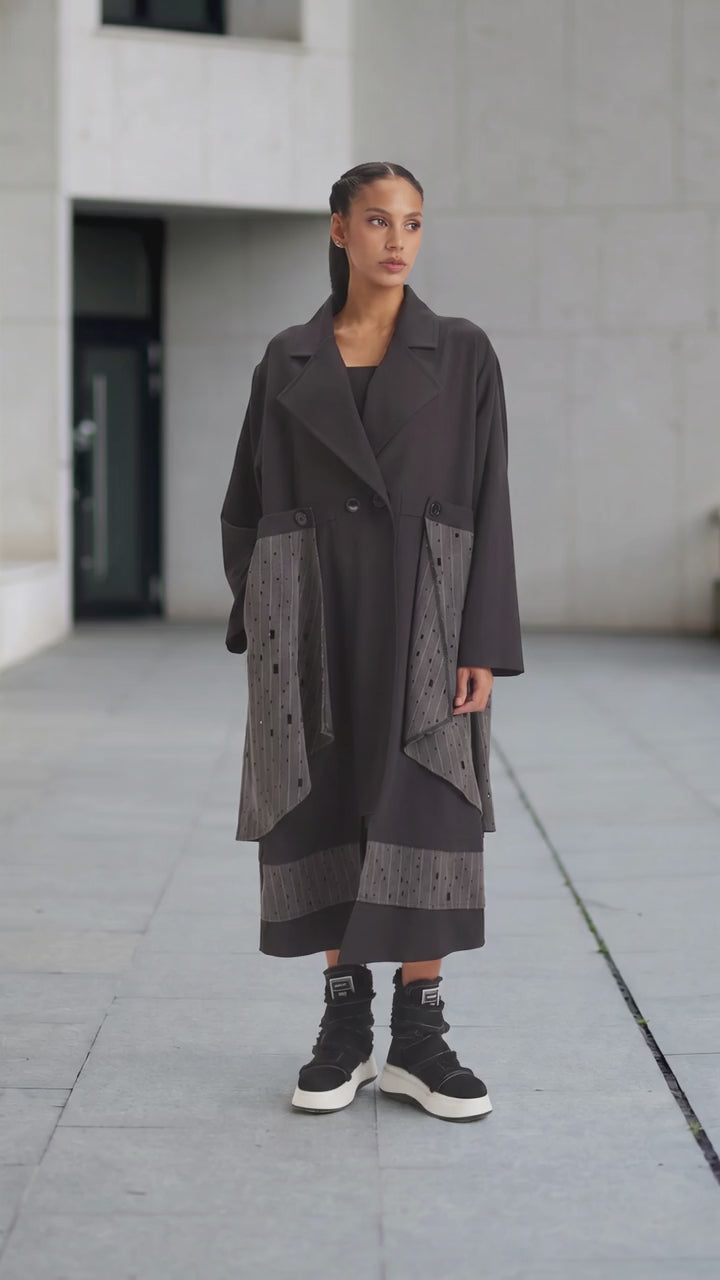 Black & Charcoal Mixed-Media Statement Trench Coat - Above the Crowd Boutique