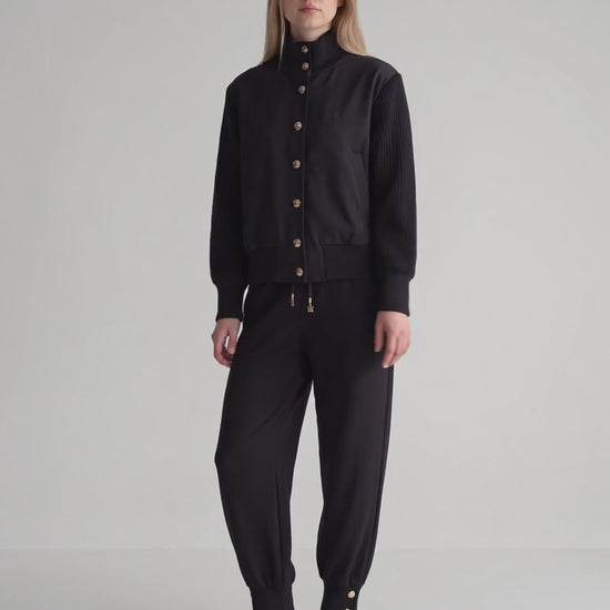 Black Luxury Knit-Trim Bomber Jacket & Jogger Pants Set - Above the Crowd Boutique