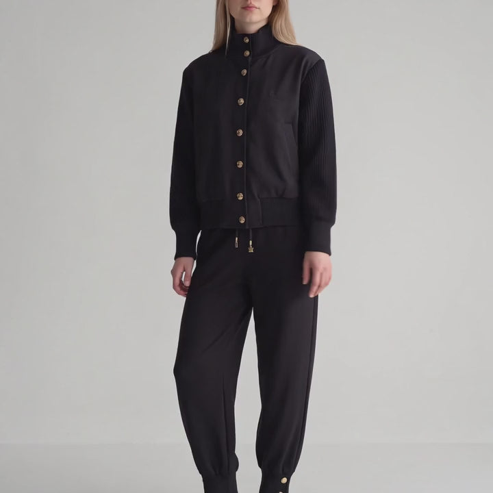 Black Luxury Knit-Trim Bomber Jacket & Jogger Pants Set - Above the Crowd Boutique