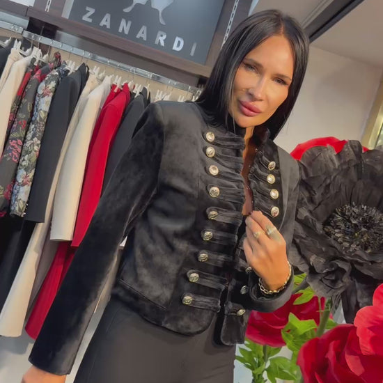 Black Velvet Military-Inspired Cropped Jacket with Gold Buttons - Above the Crowd Boutique