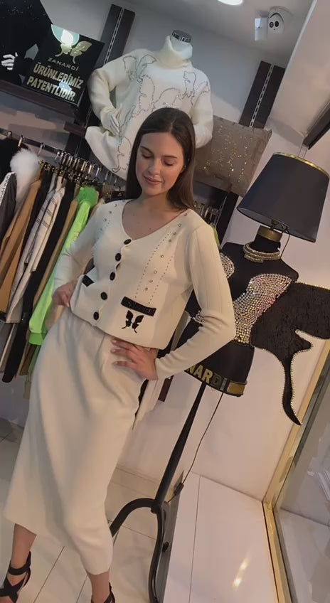 Crystal Accent Knit Skirt Suit - Above the Crowd Boutique