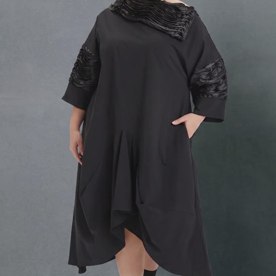 Plus Size Black Asymmetrical Textured Collar Midi Dress - Above the Crowd Boutique