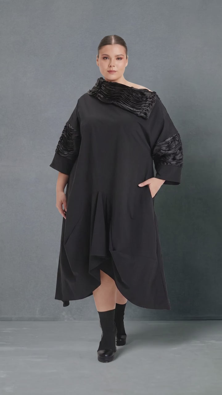 Plus Size Black Asymmetrical Textured Collar Midi Dress - Above the Crowd Boutique
