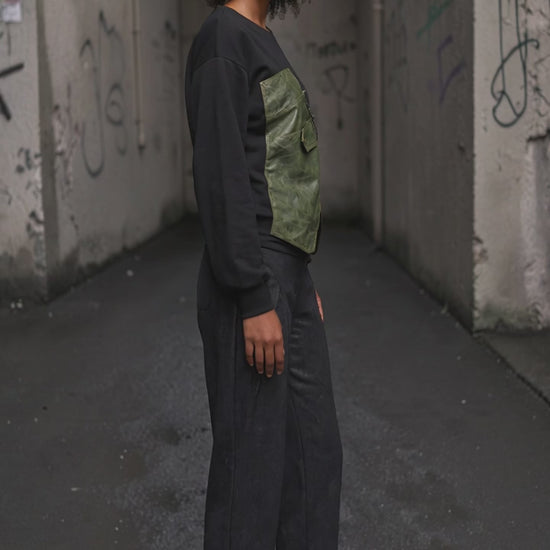 Black Sweatshirt with Olive Faux Leather Corset-Inspired Panel - Above the Crowd Boutique