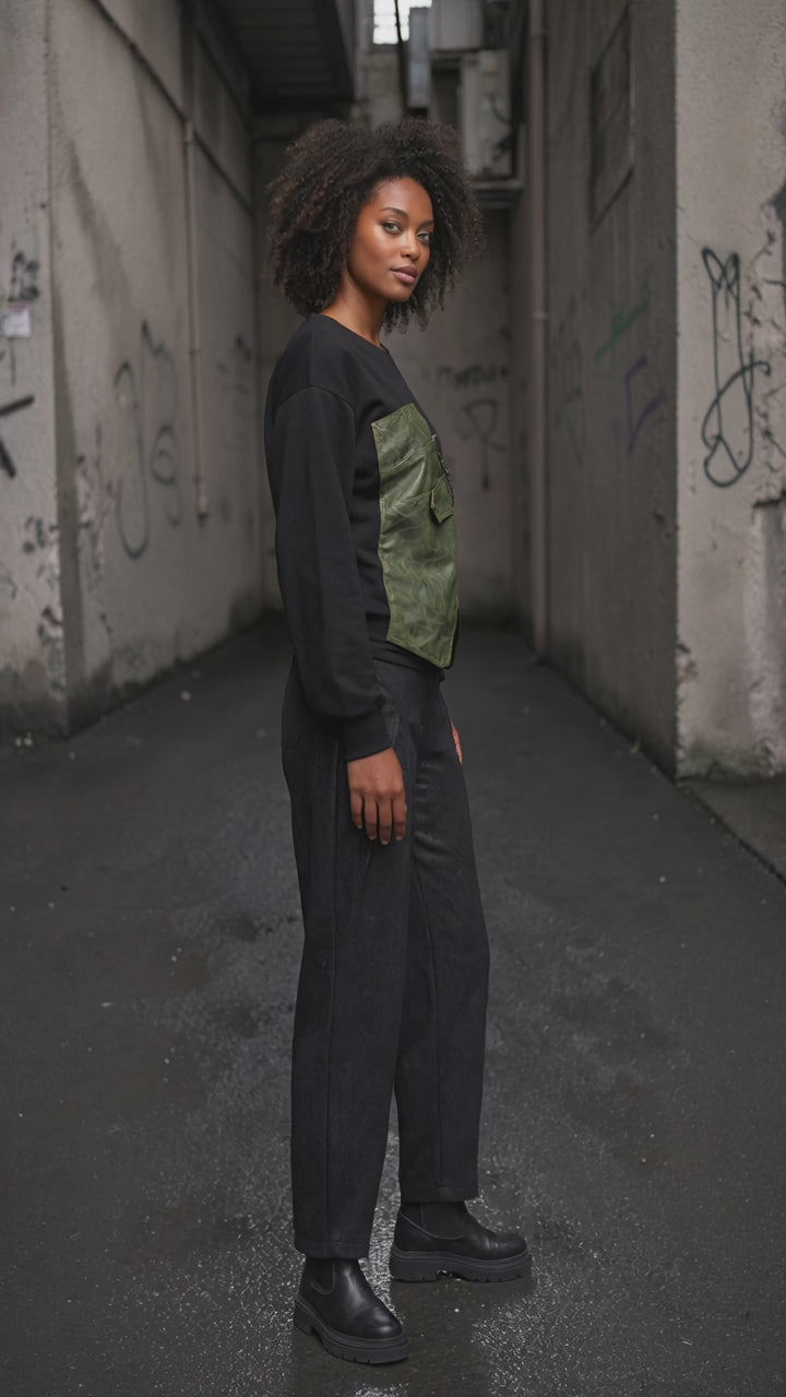 Black Sweatshirt with Olive Faux Leather Corset-Inspired Panel - Above the Crowd Boutique