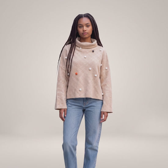Beige Pom-Pom Embellished Oversized Turtleneck Sweater - Above the Crowd Boutique