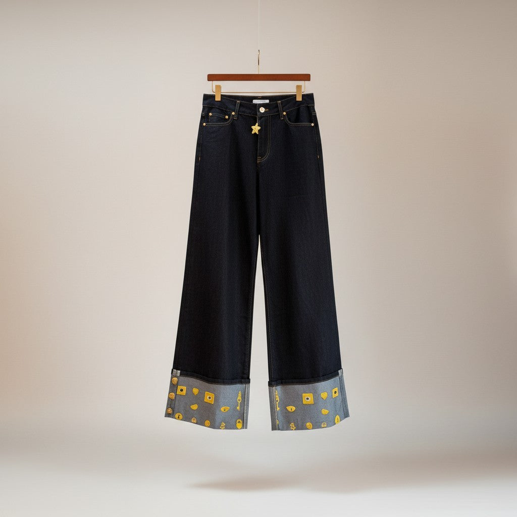 Women’s Dark Wash Wide-Leg Statement Jeans with Embroidered Cuff Detail - Above the Crowd Boutique