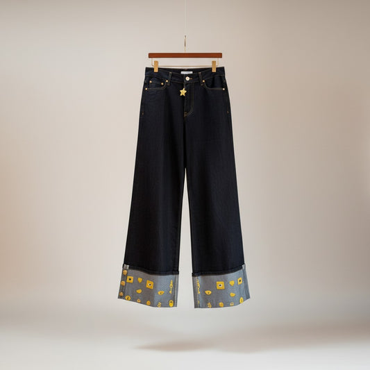 Women’s Dark Wash Wide-Leg Statement Jeans with Embroidered Cuff Detail - Above the Crowd Boutique
