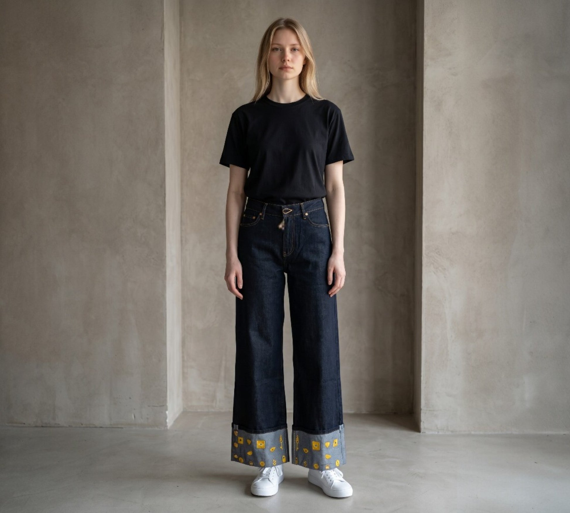 Women’s Dark Wash Wide-Leg Statement Jeans with Embroidered Cuff Detail - Above the Crowd Boutique