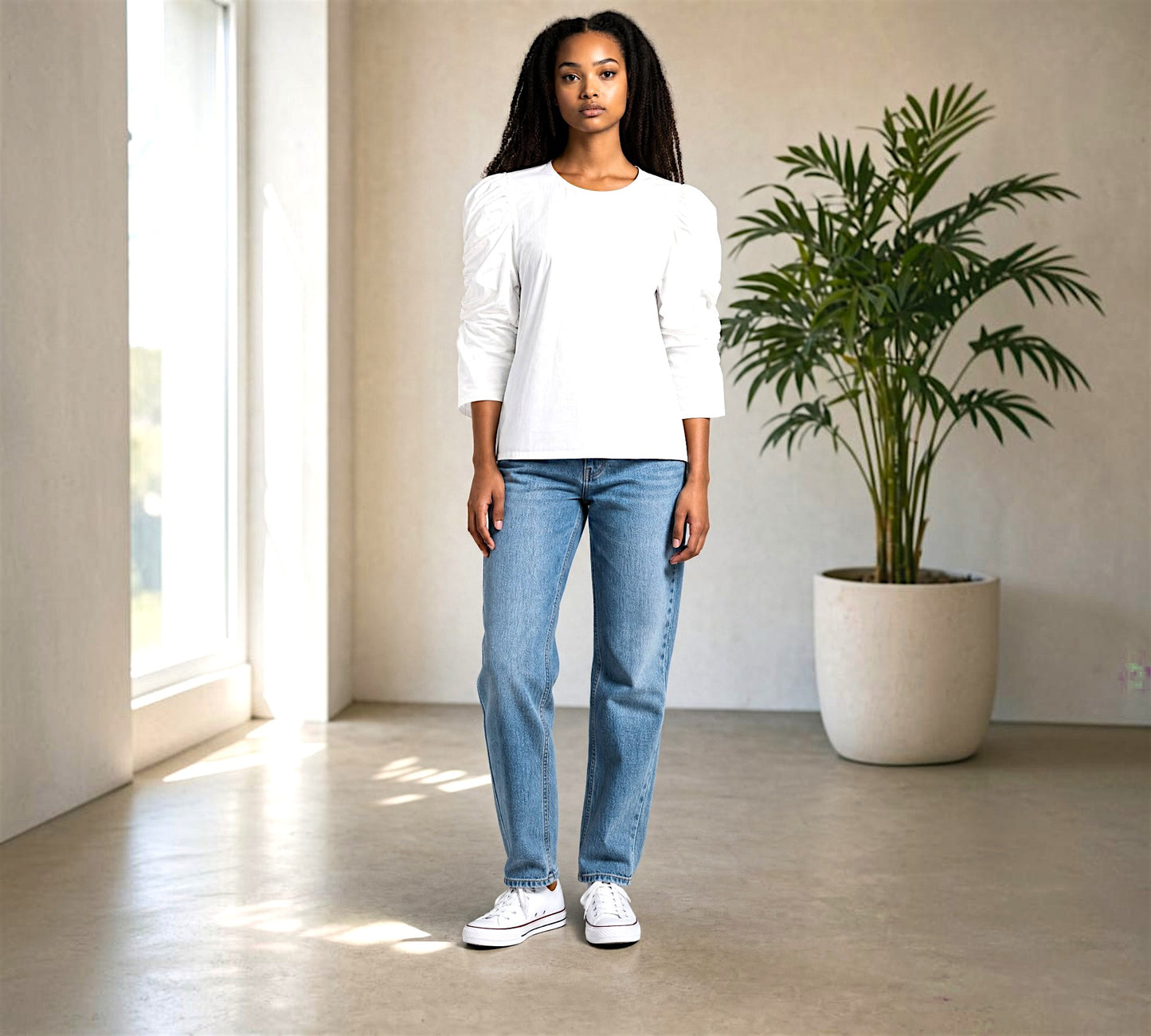 Ruched Sleeve Statement Blouse – White - Above the Crowd Boutique