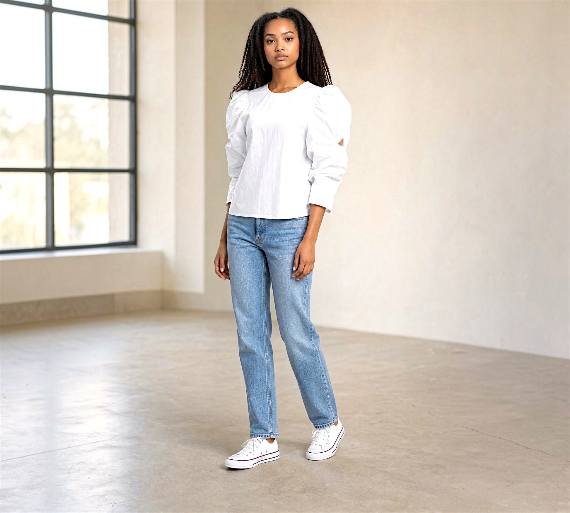 Ruched Sleeve Statement Blouse – White - Above the Crowd Boutique