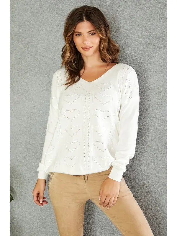 Venti6 White Hearts Sweater - Above The Crowd Boutique