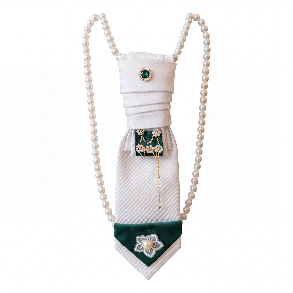 White And Emerald Pearl Statement Necktie Necklace - Above the Crowd Boutique