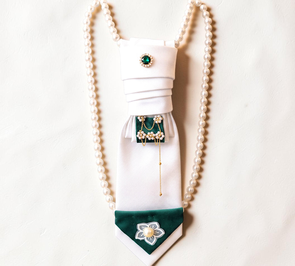 White And Emerald Pearl Statement Necktie Necklace - Above the Crowd Boutique