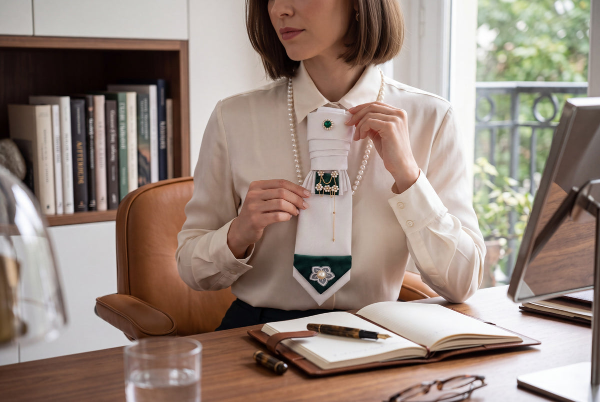 White And Emerald Pearl Statement Necktie Necklace - Above the Crowd Boutique