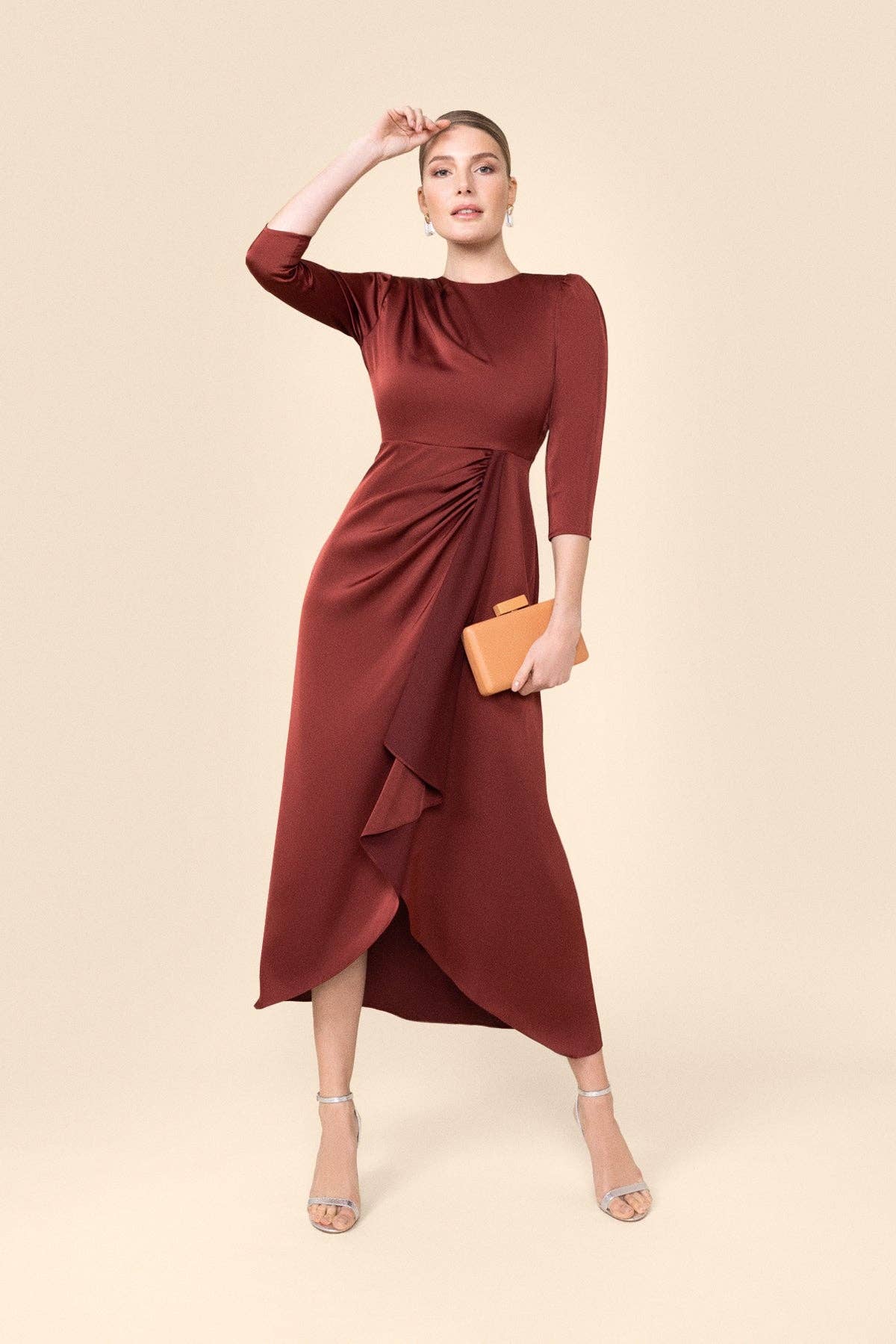 Bruna Natasha Praline Midi Dress - Crepe Satin Party Dress with French Sleeves Bruna