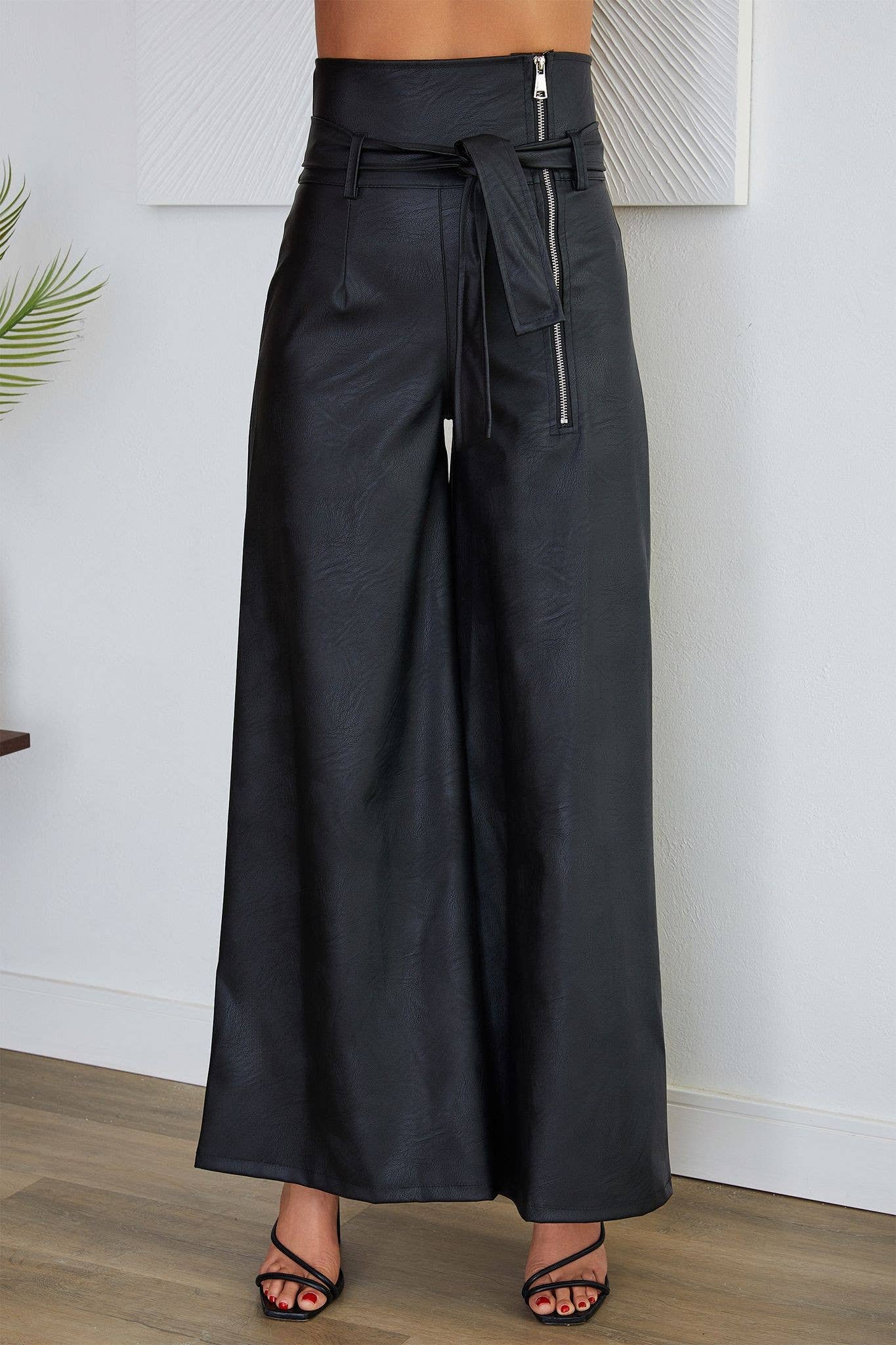 Venti6 Women Pu Black Pants 16197 VENTI6